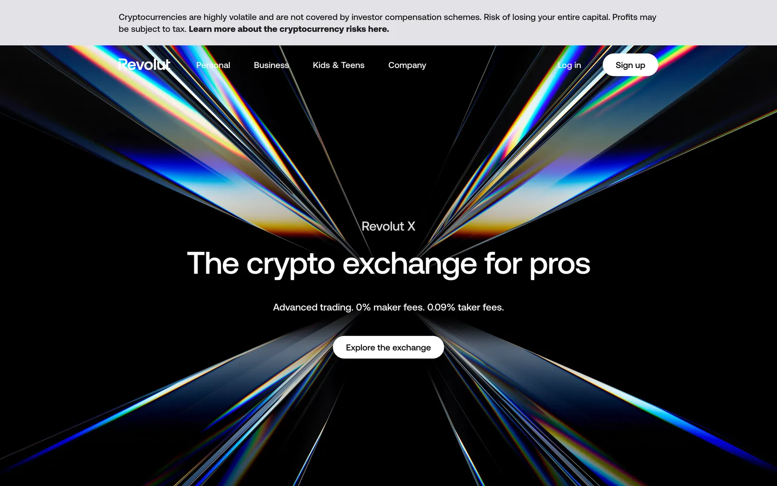 Page Revolut X présentée comme l'exchange crypto pour les pros avec 0 pourcent de frais maker et 0,09 pourcent de frais taker