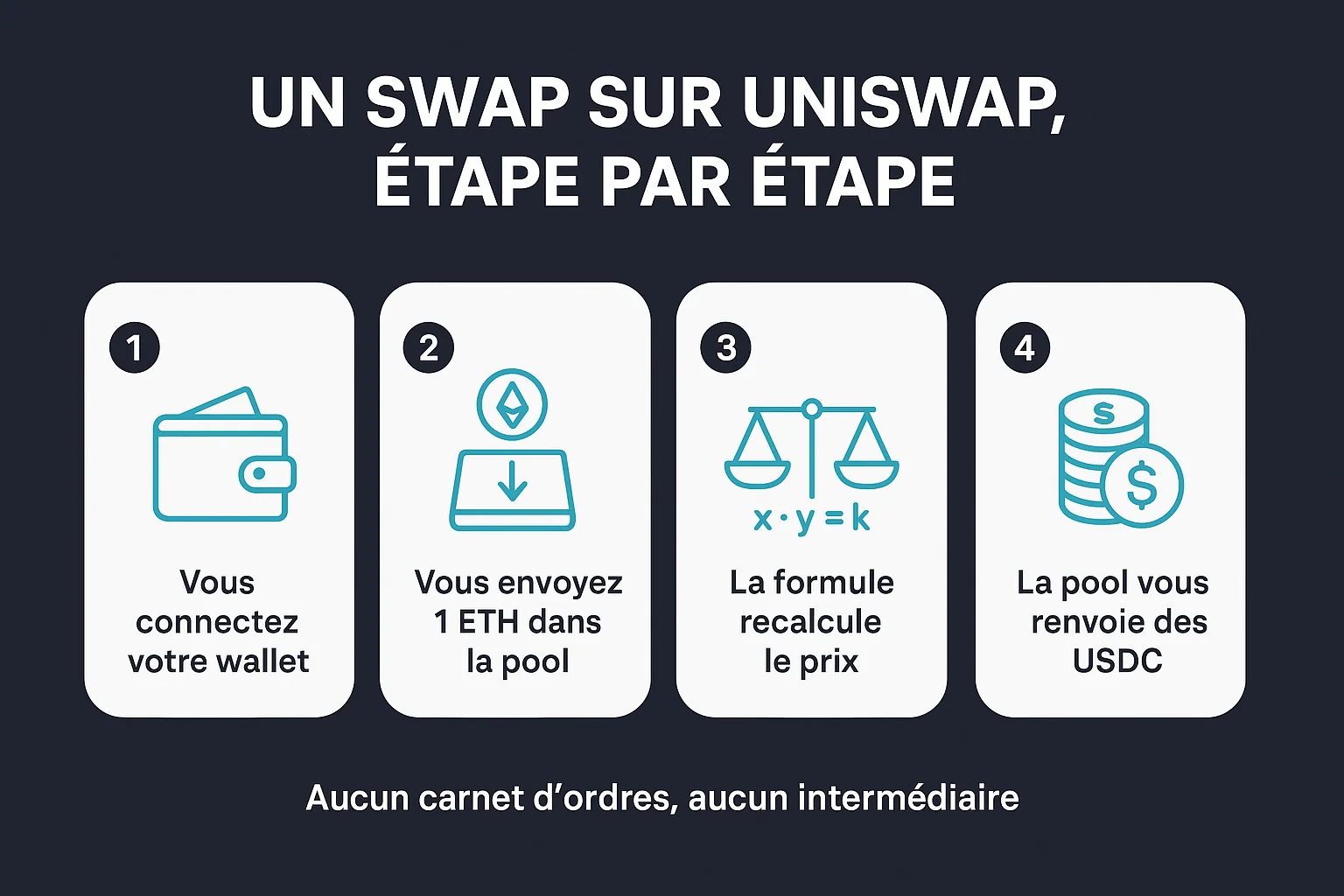 Infographie expliquant un swap sur Uniswap en quatre étapes : connexion du wallet, envoi des jetons dans la pool de liquidité, recalcul automatique du prix par la formule x fois y égale k, réception des jetons échangés