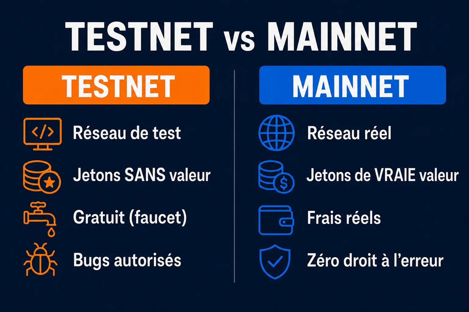 Infographie comparant testnet et mainnet : le testnet est un réseau de test aux jetons sans valeur alimenté gratuitement par un faucet, le mainnet est le réseau réel où les jetons ont une vraie valeur et où l'erreur se paie