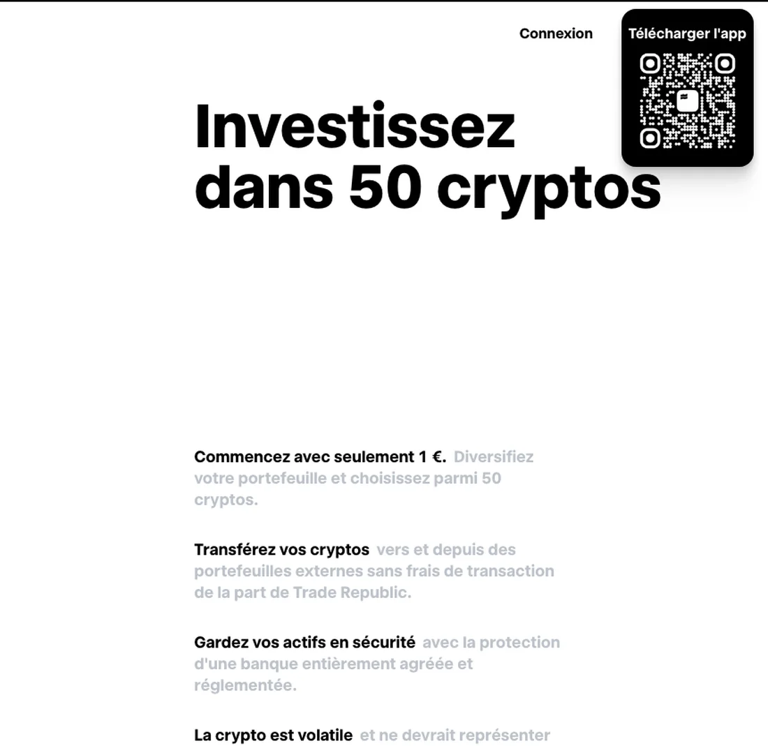 Hero de la page crypto de Trade Republic : investissez dans 50 cryptos dès 1 euro, transferts et sécurité