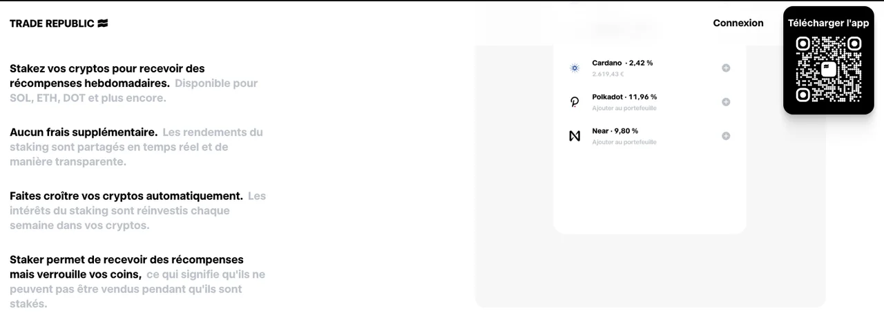 Section staking du site Trade Republic avec les rendements affichés pour Cardano, Polkadot et Near