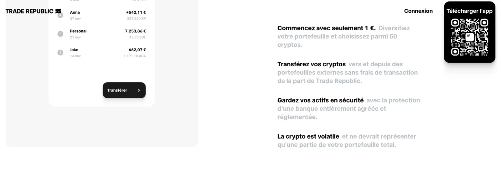 Widget de transferts de cryptos de l'application Trade Republic avec le bouton Transférer