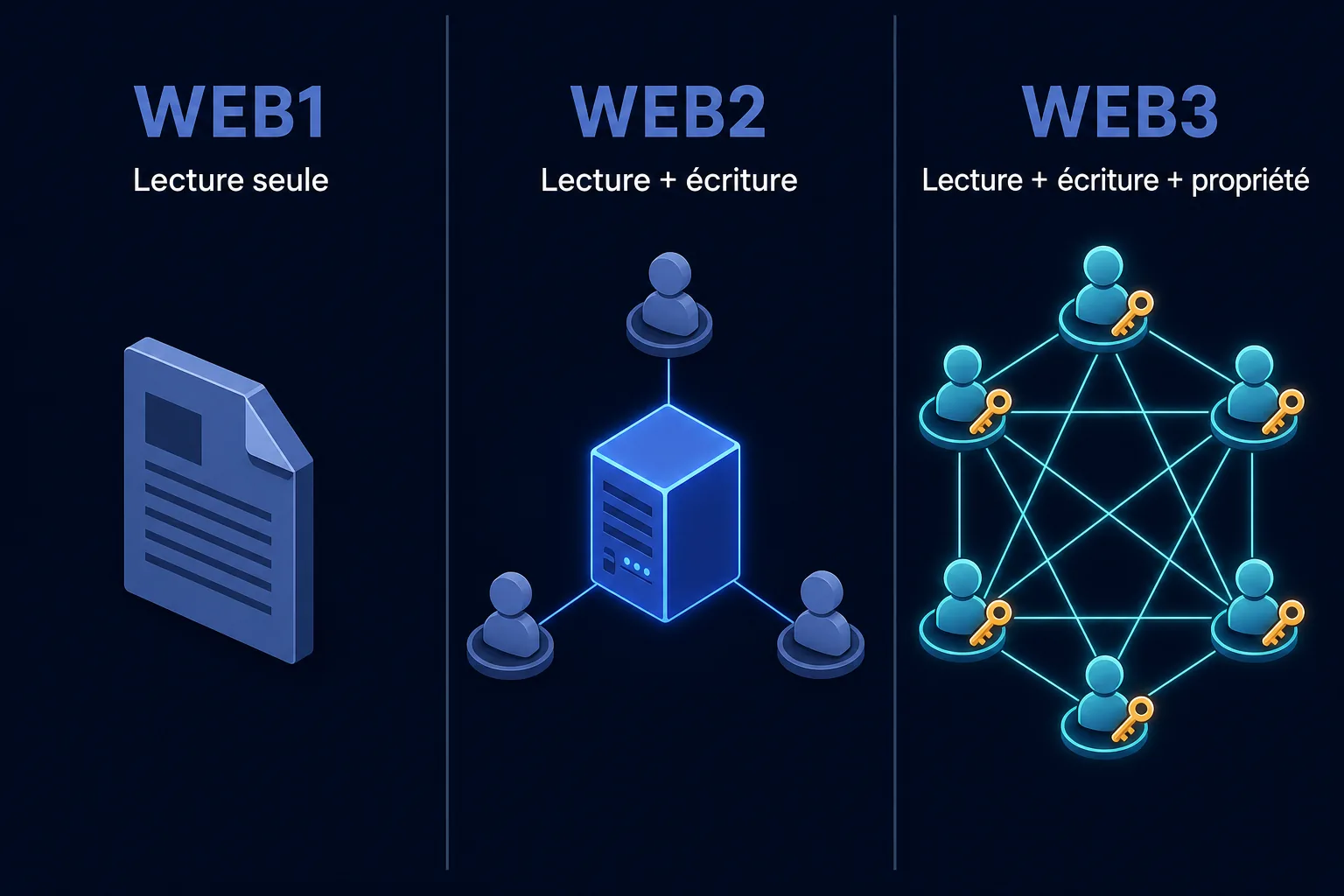 Frise infographie de l'évolution du web : Web1 en lecture seule des années 1990, Web2 en lecture et écriture sur les plateformes centralisées, Web3 en lecture, écriture et propriété via la blockchain